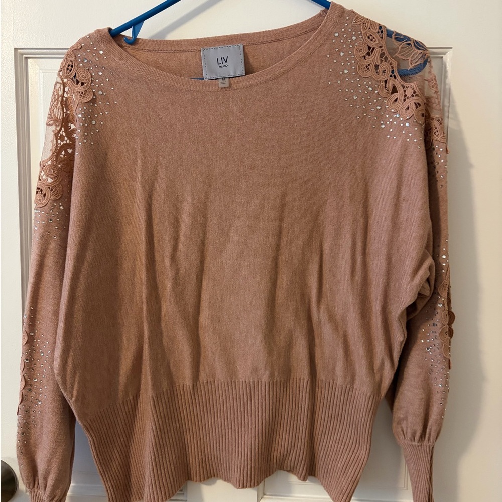 Milano Tan Sweater with Lace and Rhinestones